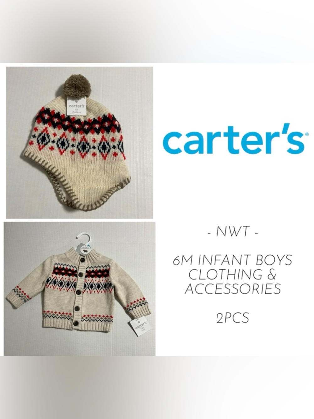 🆕CARTER’S - 6M - NWT - 2PCS - INFANT BOYS CARDIGAN SWEATER & HAT LOT